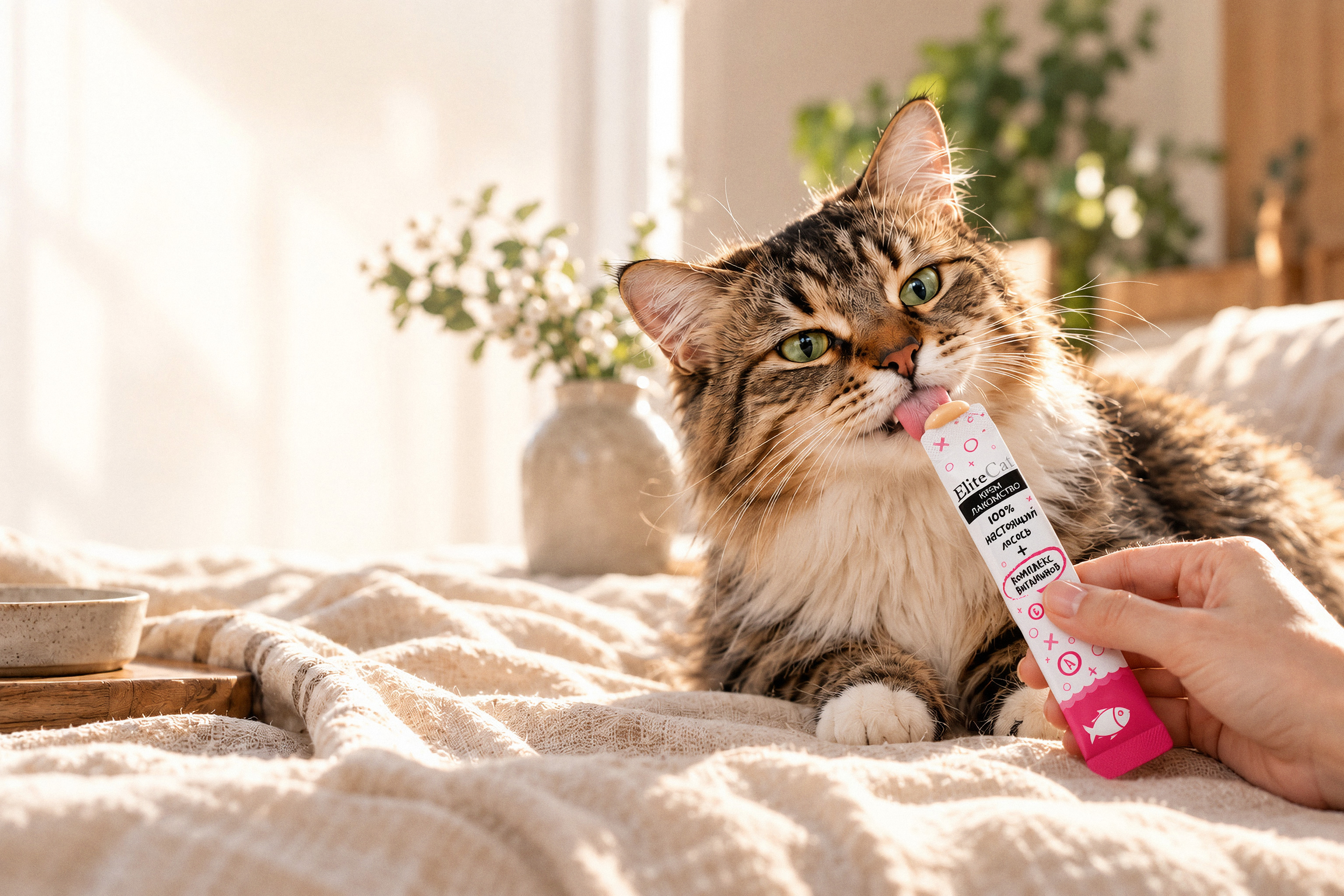 Кошка пробует крем-лакомство EliteCat с руки